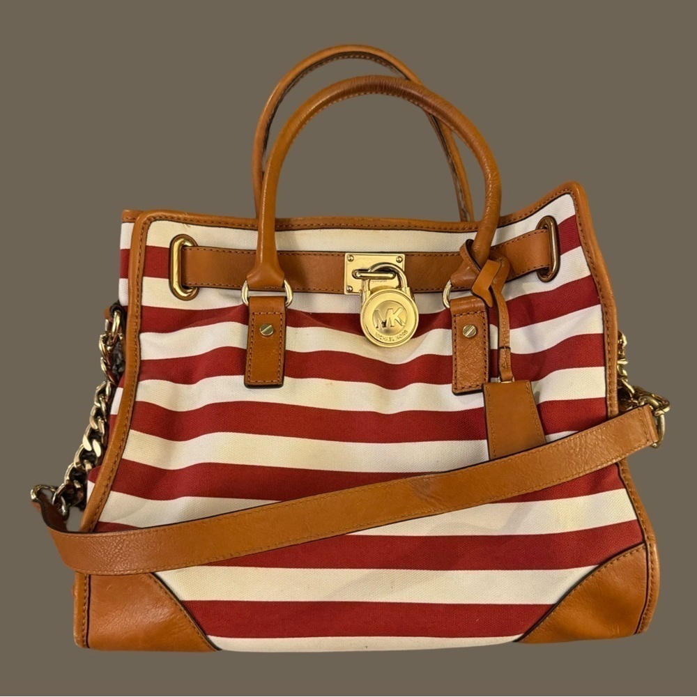 MICHAEL KORS Red and White Striped Hamilton Bag